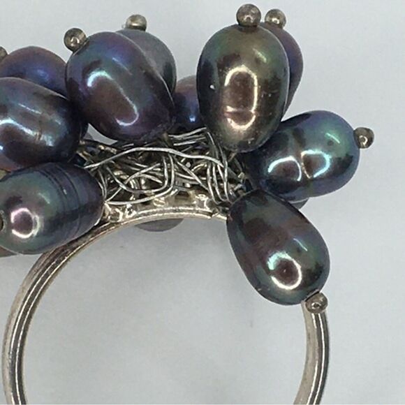 Sterling Silver Cha Cha Ring 925 Oil Slick Peacock Pearl Bauble Statement - Picture 5 of 8